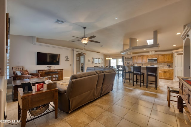 1430 Murphy Dr, Lake Havasu City, AZ 86404 - living area featuring ceiling fan, recessed lighting, light tile patterned floors, arched walkways, and lofted ceiling