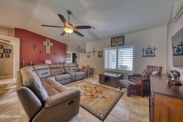 1430 Murphy Dr, Lake Havasu City, AZ 86404 - living area featuring lofted ceiling, a ceiling fan, light tile patterned floors, and baseboards