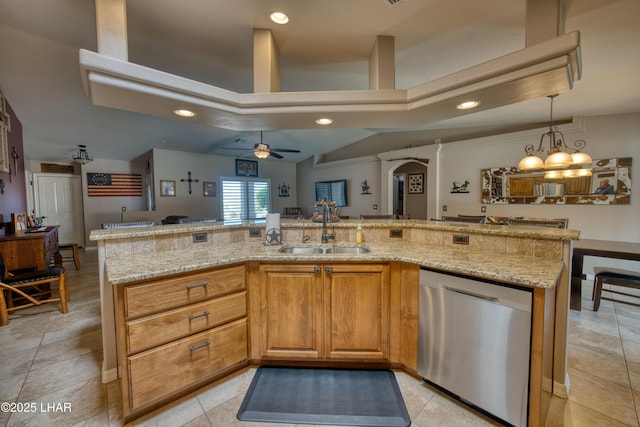 1430 Murphy Dr, Lake Havasu City, AZ 86404 - kitchen with stainless steel dishwasher, a sink, open floor plan, a ceiling fan, and light stone counters