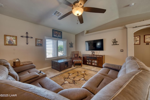 1430 Murphy Dr, Lake Havasu City, AZ 86404 - living area featuring a ceiling fan, arched walkways, lofted ceiling, and baseboards