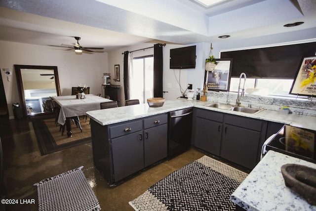 kitchen with dishwasher, sink, kitchen peninsula, and gray cabinetry