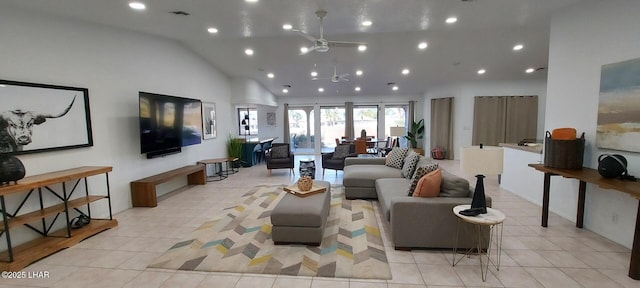 tiled living room featuring lofted ceiling