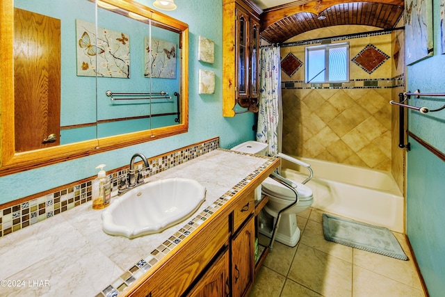 full bathroom with vanity, tile patterned flooring, shower / bath combination with curtain, and toilet