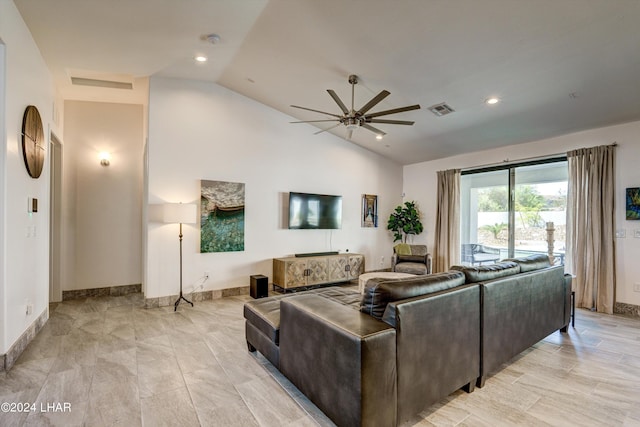 living room with vaulted ceiling and ceiling fan