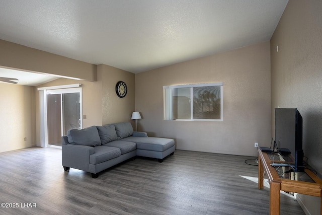 living room featuring lofted ceiling, a textured ceiling, and hardwood / wood-style flooring