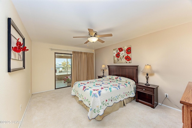 bedroom featuring access to exterior, ceiling fan, baseboards, and carpet flooring