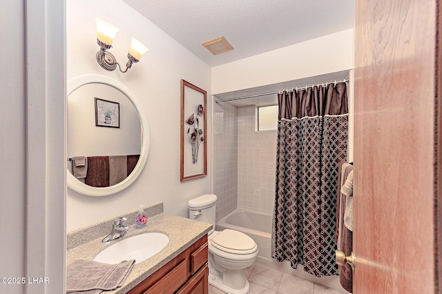 bathroom with visible vents, shower / bathtub combination with curtain, toilet, vanity, and tile patterned flooring