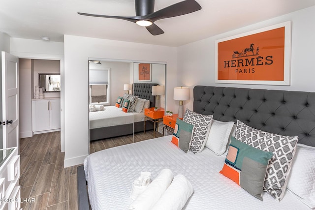 bedroom featuring a ceiling fan and wood finish floors