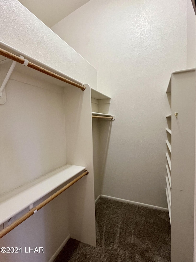 walk in closet featuring dark colored carpet