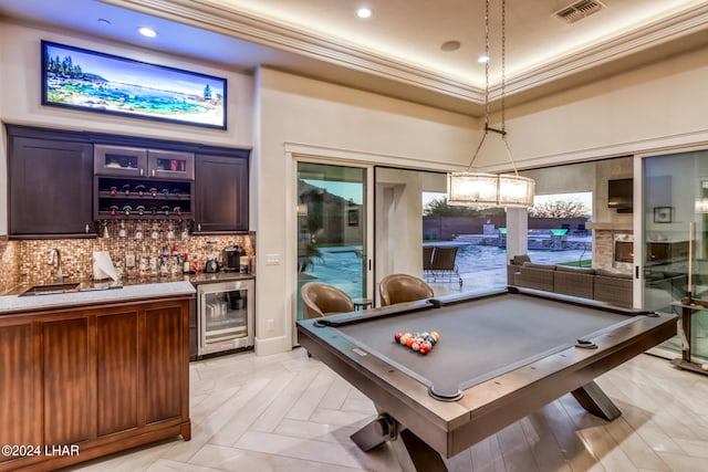 rec room featuring visible vents, wine cooler, ornamental molding, pool table, and wet bar