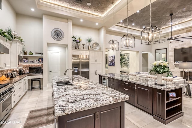 kitchen with a raised ceiling, premium appliances, an island with sink, open shelves, and a sink