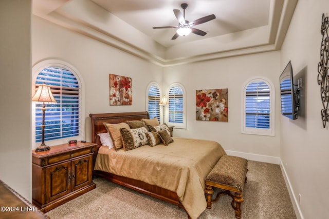 bedroom with baseboards, multiple windows, a tray ceiling, and carpet flooring