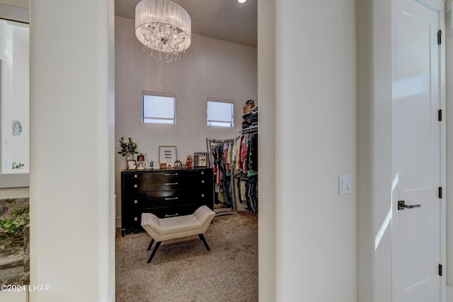 spacious closet featuring carpet flooring and a notable chandelier