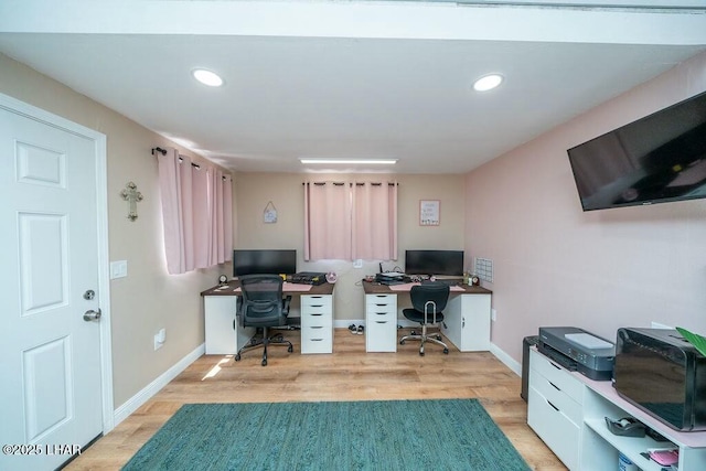 office with recessed lighting, baseboards, and light wood finished floors