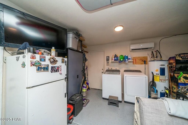 basement with water heater, independent washer and dryer, a wall mounted air conditioner, and freestanding refrigerator