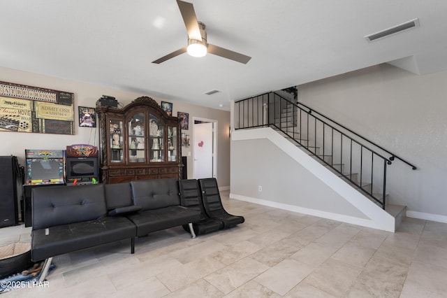 living room featuring ceiling fan