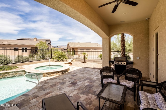 view of patio / terrace featuring ceiling fan, grilling area, and a pool with hot tub