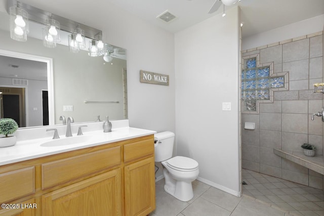 full bathroom with tile patterned floors, toilet, visible vents, and ceiling fan