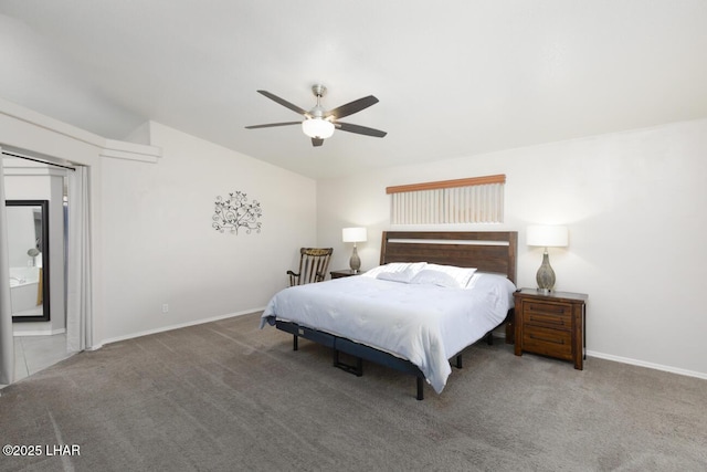 bedroom featuring a ceiling fan, baseboards, and carpet floors