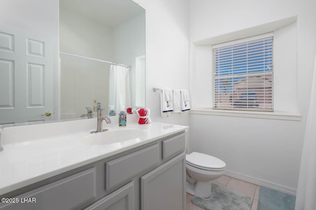bathroom with vanity, tile patterned floors, toilet, and walk in shower