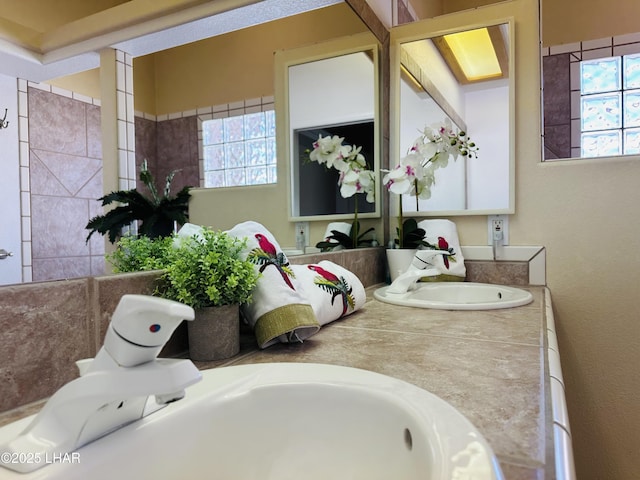 full bathroom featuring double vanity, plenty of natural light, and a sink