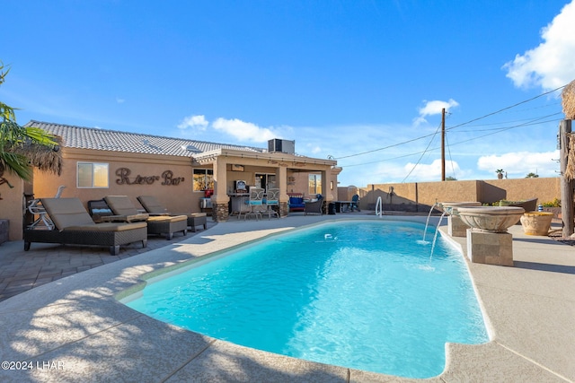 view of swimming pool with central air condition unit, an outdoor living space, a patio, a fenced backyard, and a fenced in pool