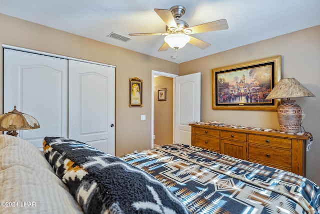 bedroom with visible vents, a closet, and ceiling fan