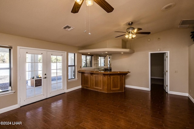 bar featuring french doors, plenty of natural light, dark hardwood / wood-style floors, and vaulted ceiling