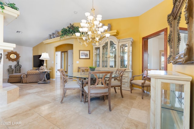 1901 Gold Dust Dr, Lake Havasu City, AZ 86404 - dining room with a chandelier, light tile patterned floors, and high vaulted ceiling