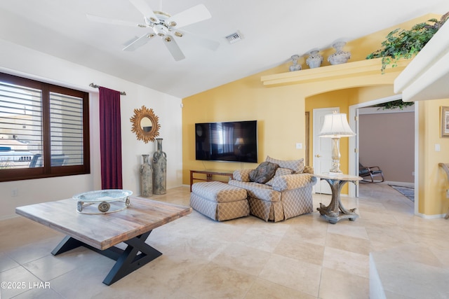 1901 Gold Dust Dr, Lake Havasu City, AZ 86404 - living room with light tile patterned floors, lofted ceiling, ceiling fan, and baseboards
