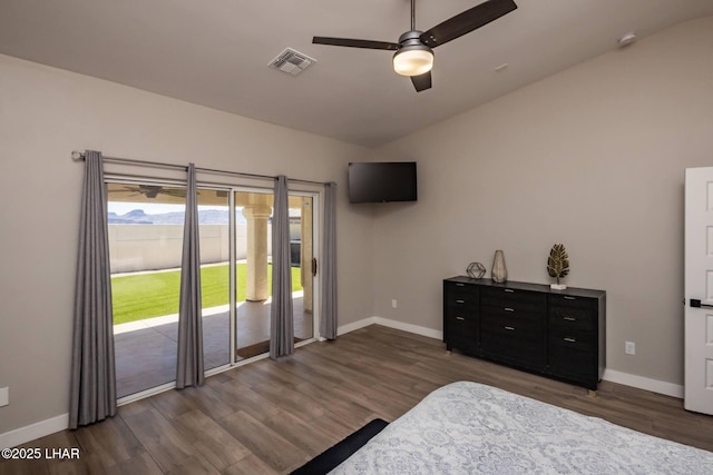 2008 Martinique Dr, Lake Havasu City, AZ 86406 - bedroom featuring lofted ceiling, dark wood-style floors, access to exterior, and ceiling fan