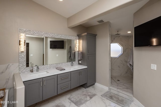 2008 Martinique Dr, Lake Havasu City, AZ 86406 - full bath featuring a marble finish shower, double vanity, marble look tiles, and recessed lighting