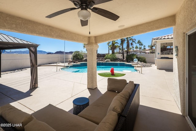 2008 Martinique Dr, Lake Havasu City, AZ 86406 - view of swimming pool with a fenced backyard, a patio, a gazebo, and ceiling fan