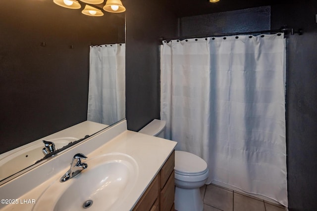 2230 Havasupai Blvd, Lake Havasu City, AZ 86403 - bathroom with toilet, tile patterned flooring, vanity, and curtained shower