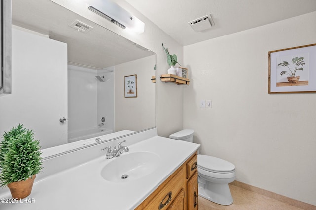 full bathroom featuring toilet, shower / bathing tub combination, vanity, and visible vents