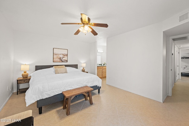 bedroom featuring light tile patterned floors, baseboards, visible vents, and ceiling fan