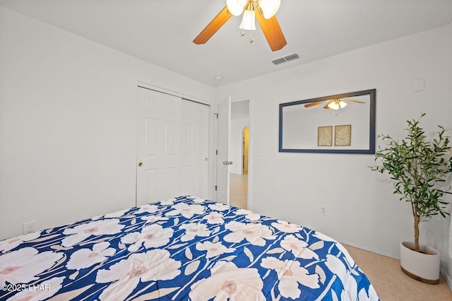 bedroom featuring a ceiling fan, a closet, and visible vents