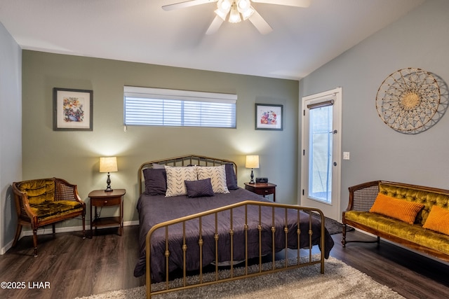 bedroom featuring lofted ceiling, multiple windows, and dark wood-type flooring