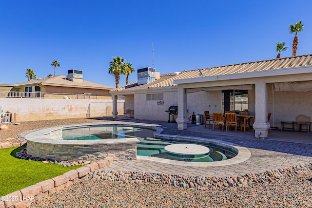 view of swimming pool featuring fence, area for grilling, cooling unit, and a patio