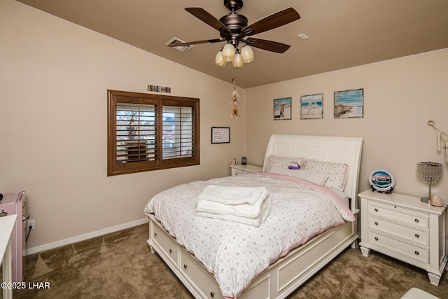 bedroom with visible vents, a ceiling fan, dark carpet, baseboards, and lofted ceiling