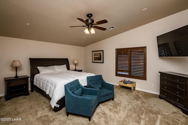 bedroom featuring baseboards, visible vents, ceiling fan, vaulted ceiling, and carpet flooring