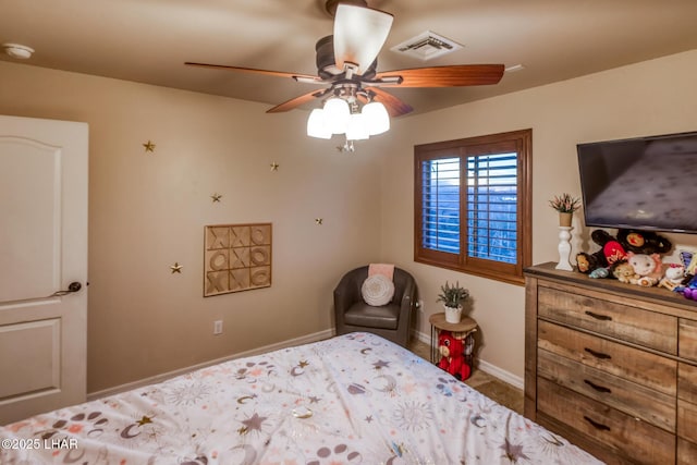 bedroom with a ceiling fan, baseboards, and visible vents