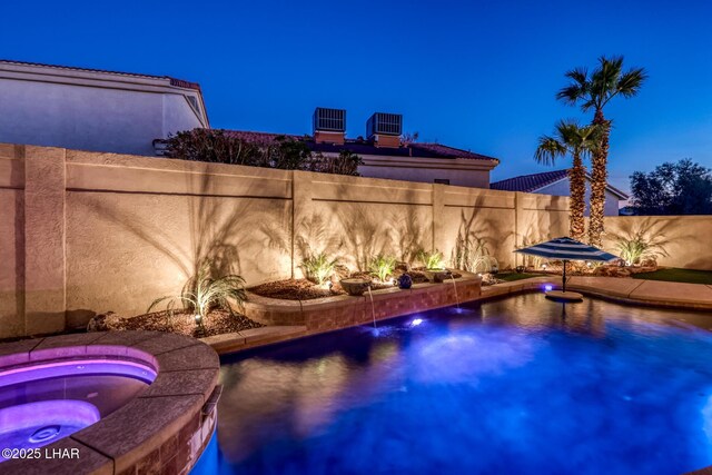 view of swimming pool featuring central air condition unit, a fenced in pool, an in ground hot tub, and a fenced backyard