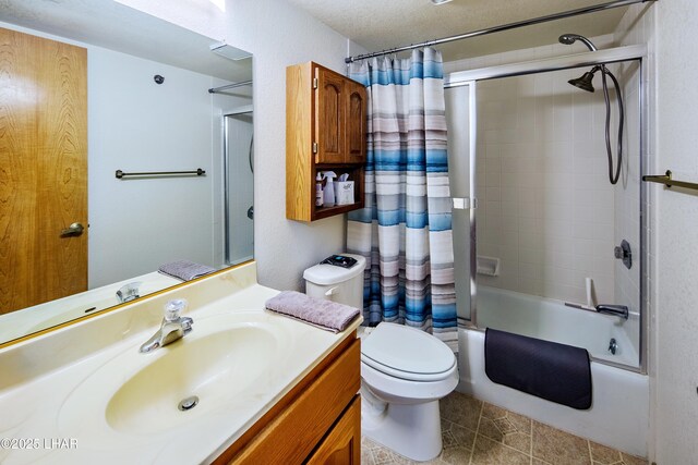 full bathroom featuring toilet, shower / tub combo, a textured ceiling, vanity, and tile patterned flooring