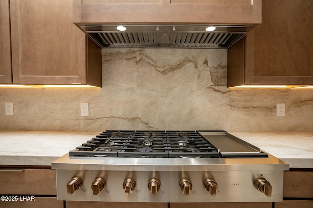 kitchen featuring tasteful backsplash, stainless steel gas stovetop, and premium range hood