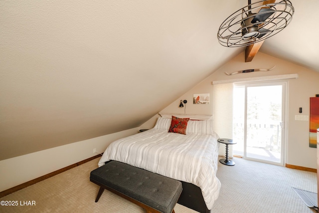 carpeted bedroom with vaulted ceiling with beams, access to outside, and baseboards