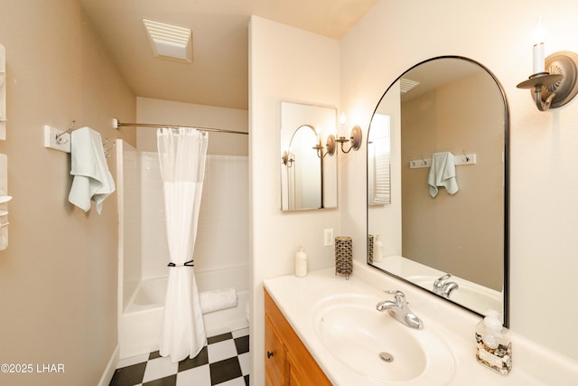 bathroom with tile patterned floors, shower / bath combo, vanity, and visible vents