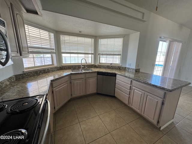 kitchen with stainless steel dishwasher, kitchen peninsula, sink, and a wealth of natural light