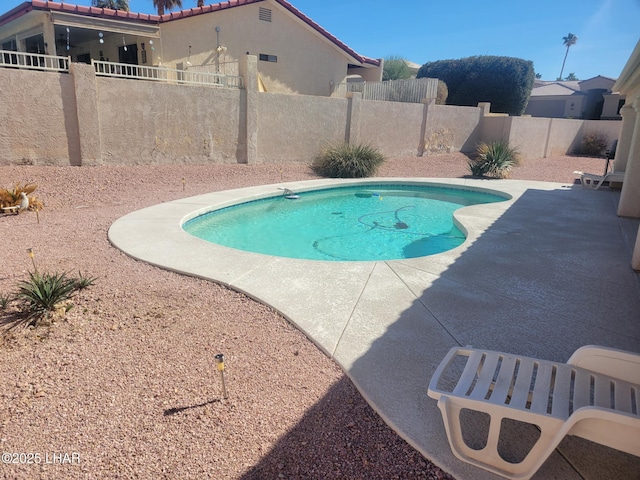 view of pool with a patio area, a fenced backyard, and a fenced in pool