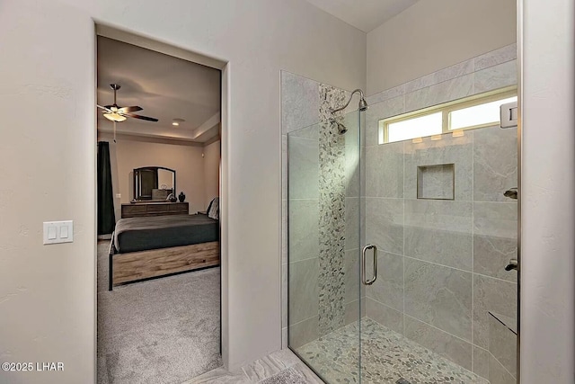 4718 N Banyan Ct, Lake Havasu City, AZ 86404 - ensuite bathroom featuring a ceiling fan, connected bathroom, a stall shower, and a tray ceiling